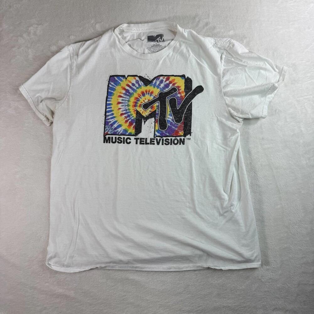 MTV‎ Music Television Tie Dye Logo White T-Shirt Size Large 100% Cotton